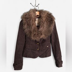 Vintage Guess Dark Brown Wool Blazer with Faux Fur Collar